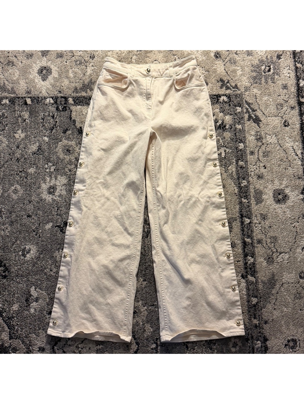 Reiss Wide-Leg Denim Pants with Snap Buttons, Size 28R,Light